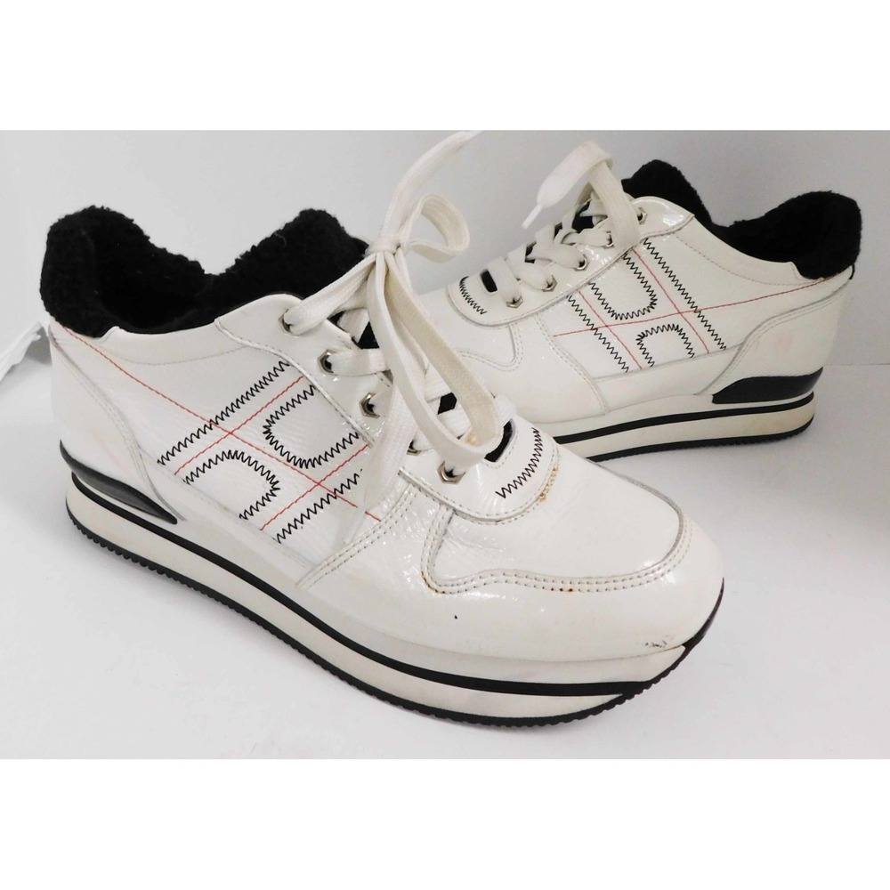 Hogan White Patent Leather Stitched H Platform Sneakers‎ Italy 38.5